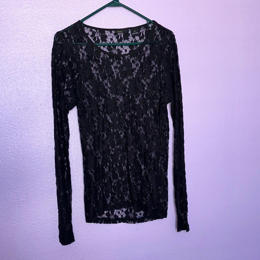 PRESS Elegant Black Soft Lace Long Sleeve Top